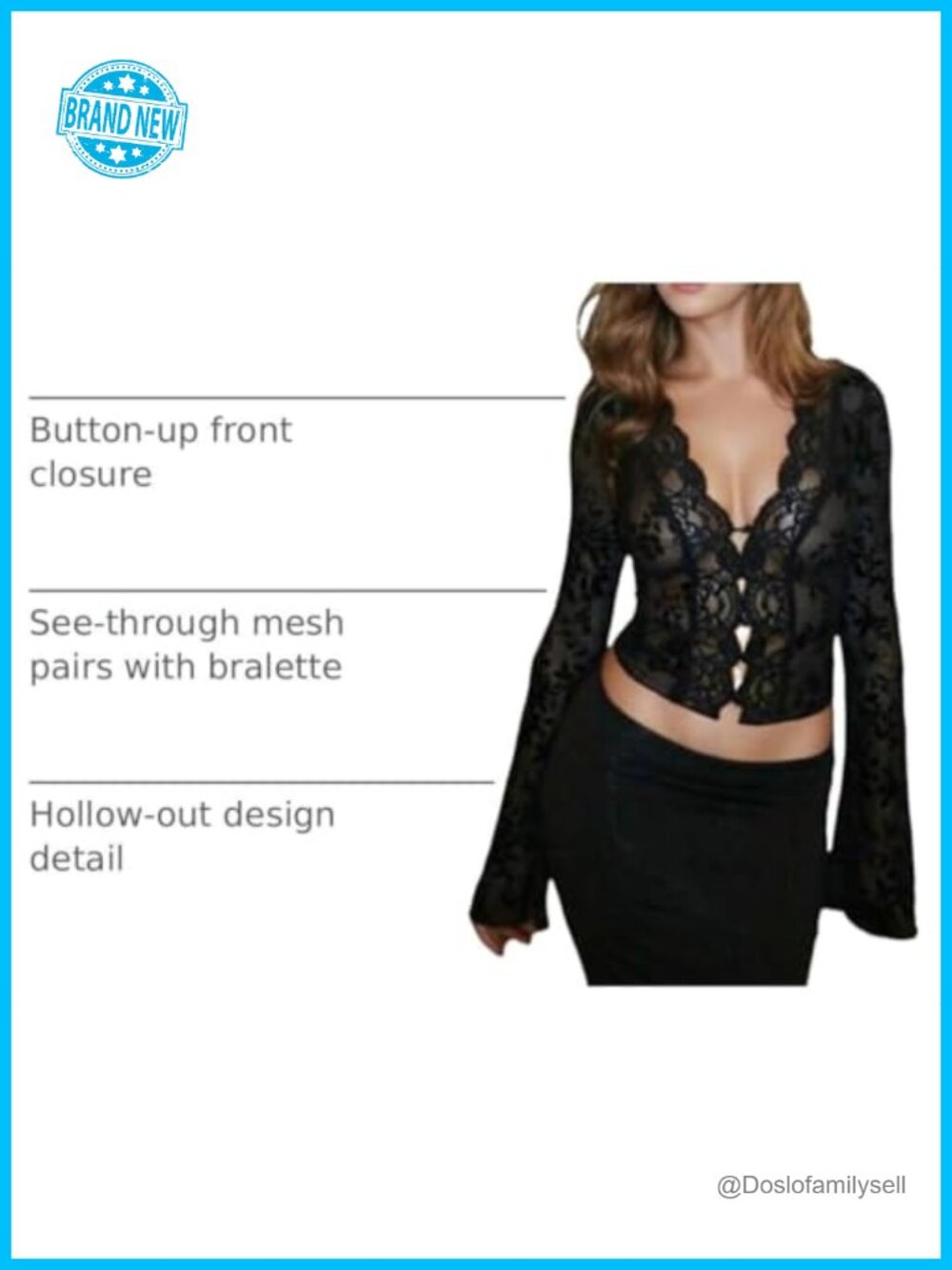 Women's Sheer Mesh Leopard Print Crop Top Long Flare Sleeve Deep V Lace Blouse - Picture 3 of 6